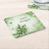 グリーンフラワーのクリスマスホリデー紙コースター スクエアペーパーコースター (アングル)