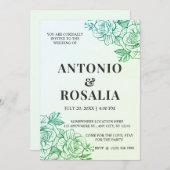 グリーンフラワーズヴィンテージ結婚イラストレーション 招待状 (正面/裏面)