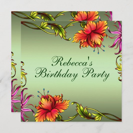 グリーンフラワーバーストデザイン誕生日招待状 招待状 (正面/裏面)