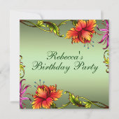 グリーンフラワーバーストデザイン誕生日招待状 招待状 (正面)
