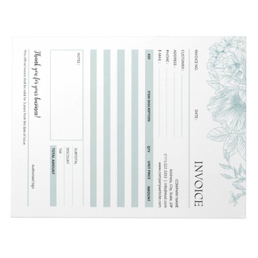 グリーンフラワーラインアートスモールビジネスインボイス型枠 ノートパッド (正面)