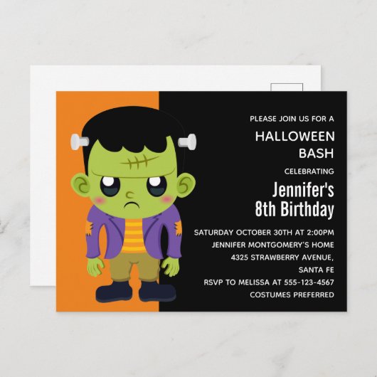 グリーンフランケンシュタインモンスターハロウィーン誕生日 インビテーションポストカード (正面/裏面)