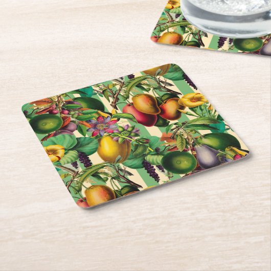 グリーンフルーツアンドフラワーガーデンレトロスタイル スクエアペーパーコースター (アングル)