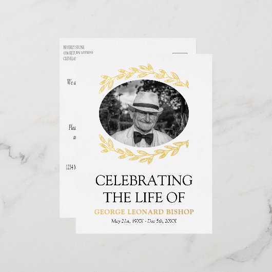 グリーンフレーム楕円形フォト葬儀金ゴールド 箔招待状ポストカード (正面/裏面)