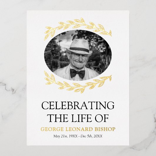 グリーンフレーム楕円形フォト葬儀金ゴールド 箔招待状ポストカード (正面)