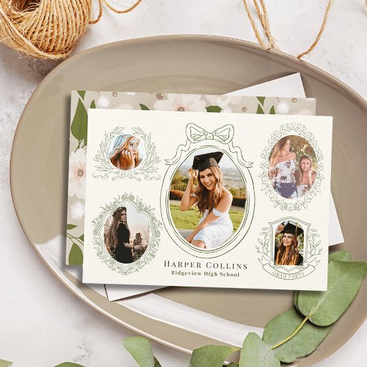 グリーンフレーム&ボタニカルアクセントのクリームの卒業 招待状