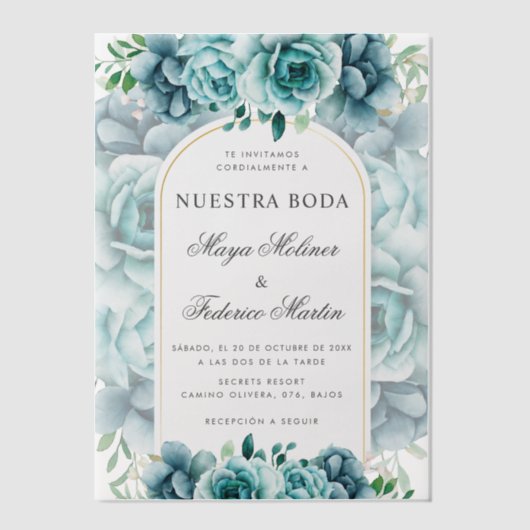 グリーンフローラガーデンヌエストラボダスペインの結婚ズ ベラム紙招待状 (正面)