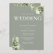 グリーンフローラタイポグラフィセージ結婚グリーン 招待状 (正面/裏面)