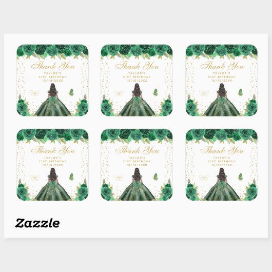 グリーンフローラダークスキンプリンセスバースデーパーティー スクエアシール (シート)