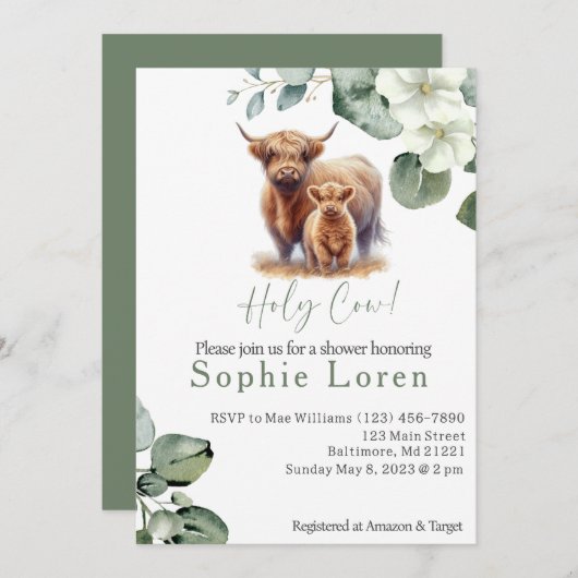グリーンフローラハイランド牛のベビーシャワー 招待状 (正面/裏面)