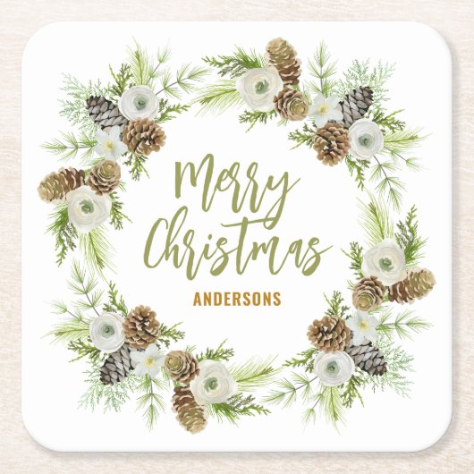 グリーンフローラパインズクリスマスリース2 スクエアペーパーコースター (正面)