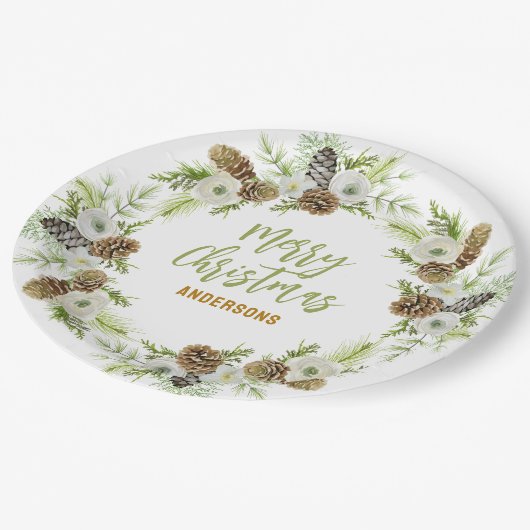 グリーンフローラパインズクリスマスリース ペーパープレート (アングル)