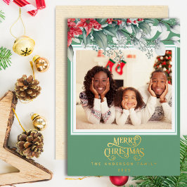 グリーンフローラフレームメリークリスマスホリデーフォト 箔シーズンカード