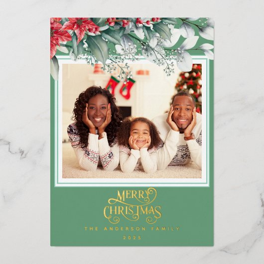 グリーンフローラフレームメリークリスマスホリデーフォト 箔シーズンカード (正面)