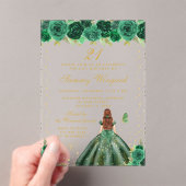 グリーンフローラブラウンヘアプリンセス誕生日パーティー アクリル招待状 (インサイチュ (ポータブル))