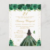 グリーンフローラルダークスキンプリンセス誕生日パーティー ポストカード (正面)