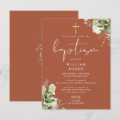 グリーンフローラルテラコッタ洗礼招待状 ポストカード (正面/裏面)