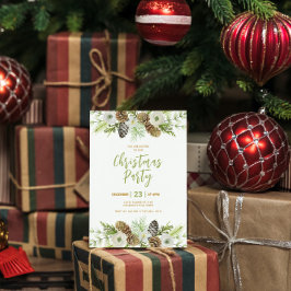 グリーンフローラルパインズリースのクリスマス招待状 招待状