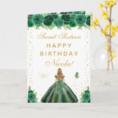 グリーンフローラルブロンドヘアの少女 スウィート16 カード (黄色い花)