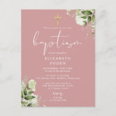 グリーンフローラル ダスティーローズ ピンク 洗礼招待状 ポストカード (正面)