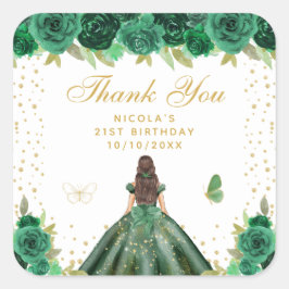 グリーンフローラル ブルネット ヘア プリンセス 誕生日パーティー スクエアシール