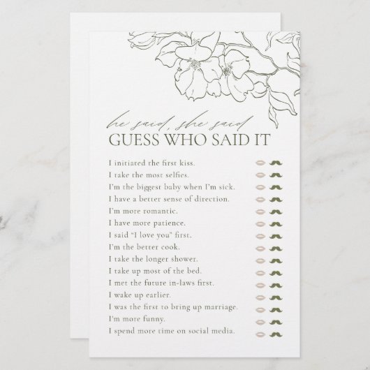 グリーンフローラ彼は彼女はブライダルシャワーゲームと言った (正面/裏面)