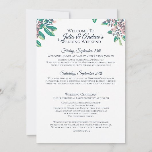 グリーンブライアー結婚式週末スケジュール 招待状 (裏面)