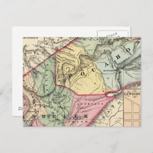 グリーンブライア州ポコホンタスの地図 ポストカード (正面/裏面)