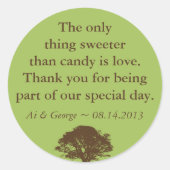 グリーンブラウンのオーク結婚の木の引用文優先ラベル ラウンドシール (正面)