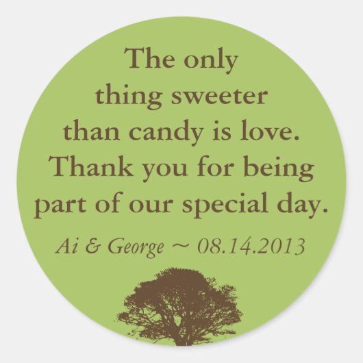 グリーンブラウンのオーク結婚の木の引用文優先ラベル ラウンドシール (正面)