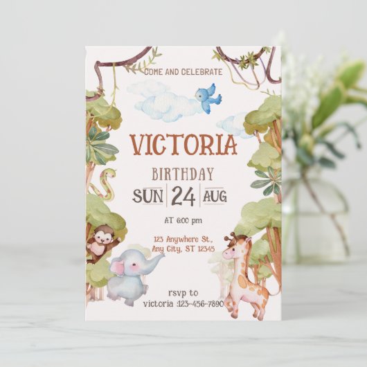 グリーンブラウンウォーターカラーチャイルドジャングル 招待状 (スタンド正面)