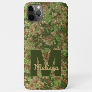 グリーンブラウンカモフラージュグリッター迷彩柄モノグラム名 iPhone 11 PRO MAXケース