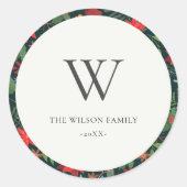 グリーンブラウンベリークリスマスフローラパターンモノグラム ラウンドシール (正面)
