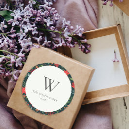 グリーンブラウンベリークリスマスフローラパターンモノグラム ラウンドシール