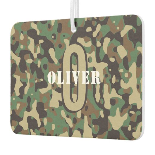 グリーンブラウンベージュ迷彩柄カモフラージモノグラム名 カーエアーフレッシュナー (左)