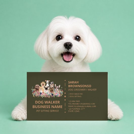 グリーンブラウン犬の散歩サービス ブティック ペット 名刺