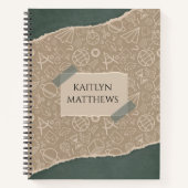 グリーンブラウン破れた紙スクールパターパーソナライズされたン ノートブック (正面)