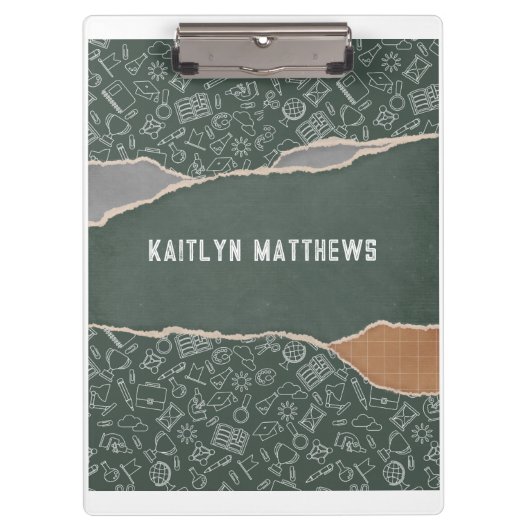 グリーンブラウン破れた紙学校パーソナライズされた クリップボード (正面)