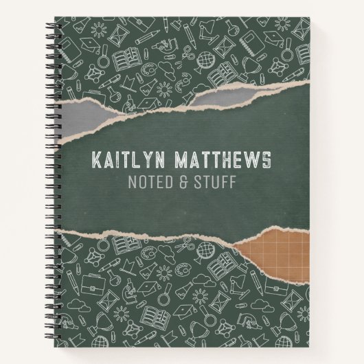 グリーンブラウン破れた紙学校パーソナライズされた ノートブック (正面)
