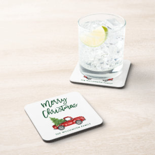 グリーンブラシスクリプトヴィンテージトラッククリスマスツリー コースター