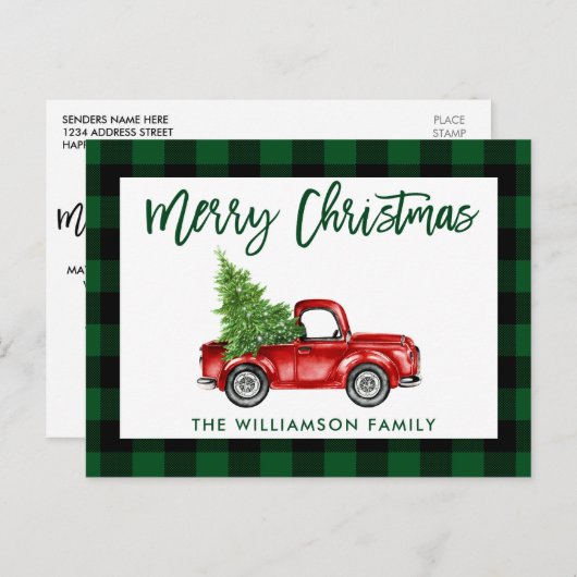 グリーンブラシスクリプトヴィンテージトラッククリスマスプレイド ポストカード (正面/裏面)