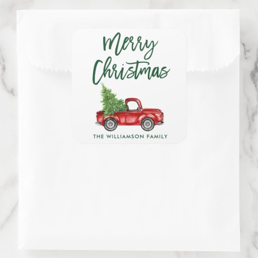 グリーンブラシスクリプトヴィンテージトラッククリスマス スクエアシール (バッグ)