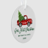 グリーンブラシスクリプトヴィンテージトラック初めてのクリスマス オーナメント (正面)