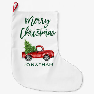 グリーンブラシスクリプトヴィンテージレッドトラックツリー ラージクリスマスストッキング