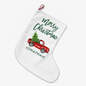 グリーンブラシスクリプトヴィンテージレッドトラックツリー ラージクリスマスストッキング (正面 (吊り時))