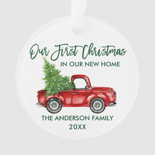 グリーンブラシスクリプト初めてのクリスマス新規ホームトラック オーナメント (正面)