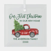 グリーンブラシスクリプト初めてのクリスマス新規ホームトラック ガラスオーナメント (正面)