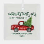 グリーンブラシスクリプト初めてのクリスマス新規ホームトラック ガラスオーナメント (裏面)