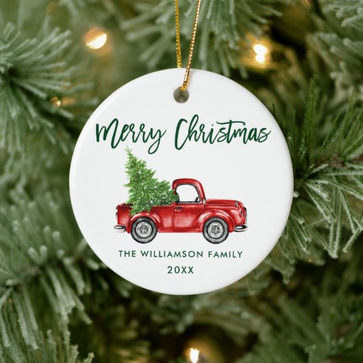 グリーンブラシスクリプト水彩ヴィンテージレッドトラック セラミックオーナメント (ツリー)