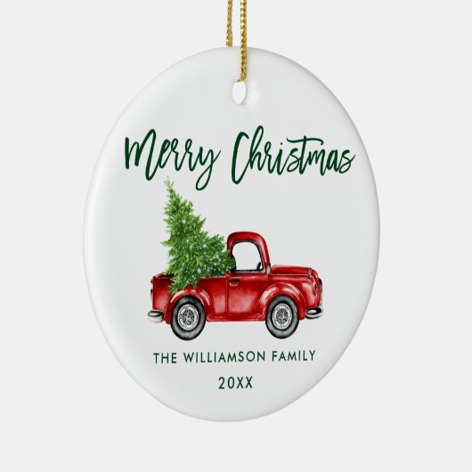 グリーンブラシスクリプト水彩ヴィンテージレッドトラック セラミックオーナメント (右)